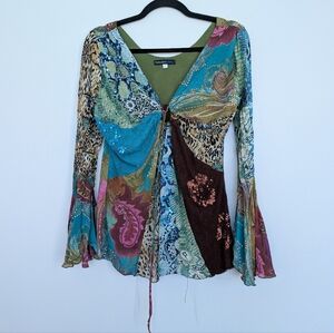 Y2K Boho Bell Sleeve Babydoll Patchwork Long Sleeve Top Sz L Haven Bleu